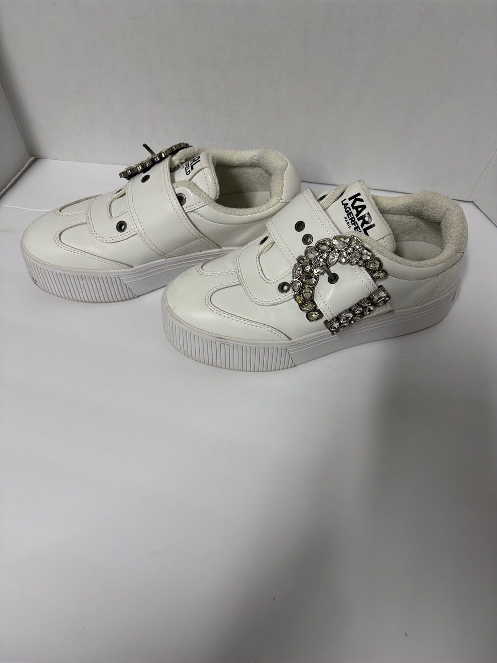 Karl Lagerfeld White Women's Sneakers with Jeweled Buckles